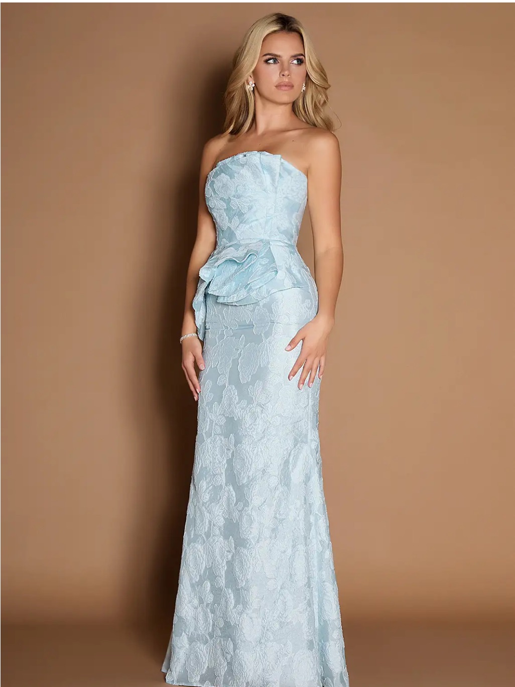 Azazie Strapless Light Blue Lace Peplum Evening Gown